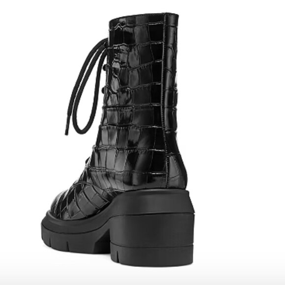 STUART WEITZMAN Nisha Black Croc-Embossed Leather Ankle Boots, Size 7 (EU 37.5) - Picture 3 of 16